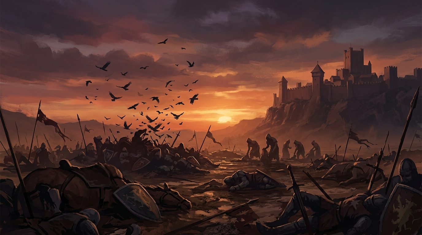 Un campo de batalla al atardecer, con cuervos sobrevolando y las torres de Kremlodon a lo lejos