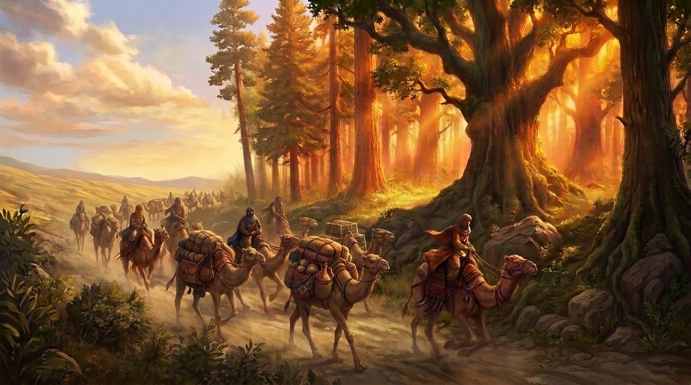 Una caravana atacada por arqueros ocultos en el lindero del bosque de Cirwood