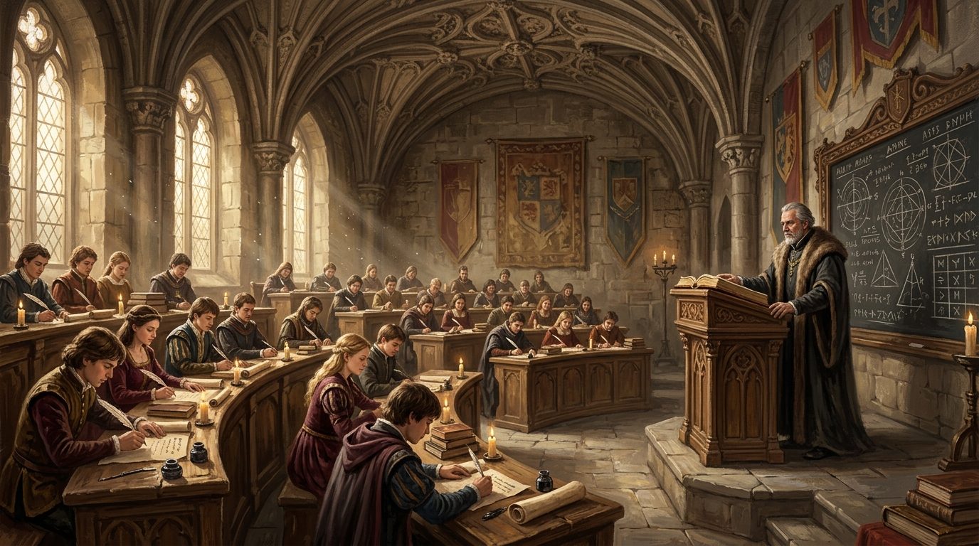 El Magister Pierre impartiendo clase a sus alumnos en un aula de la universidad de Alethia